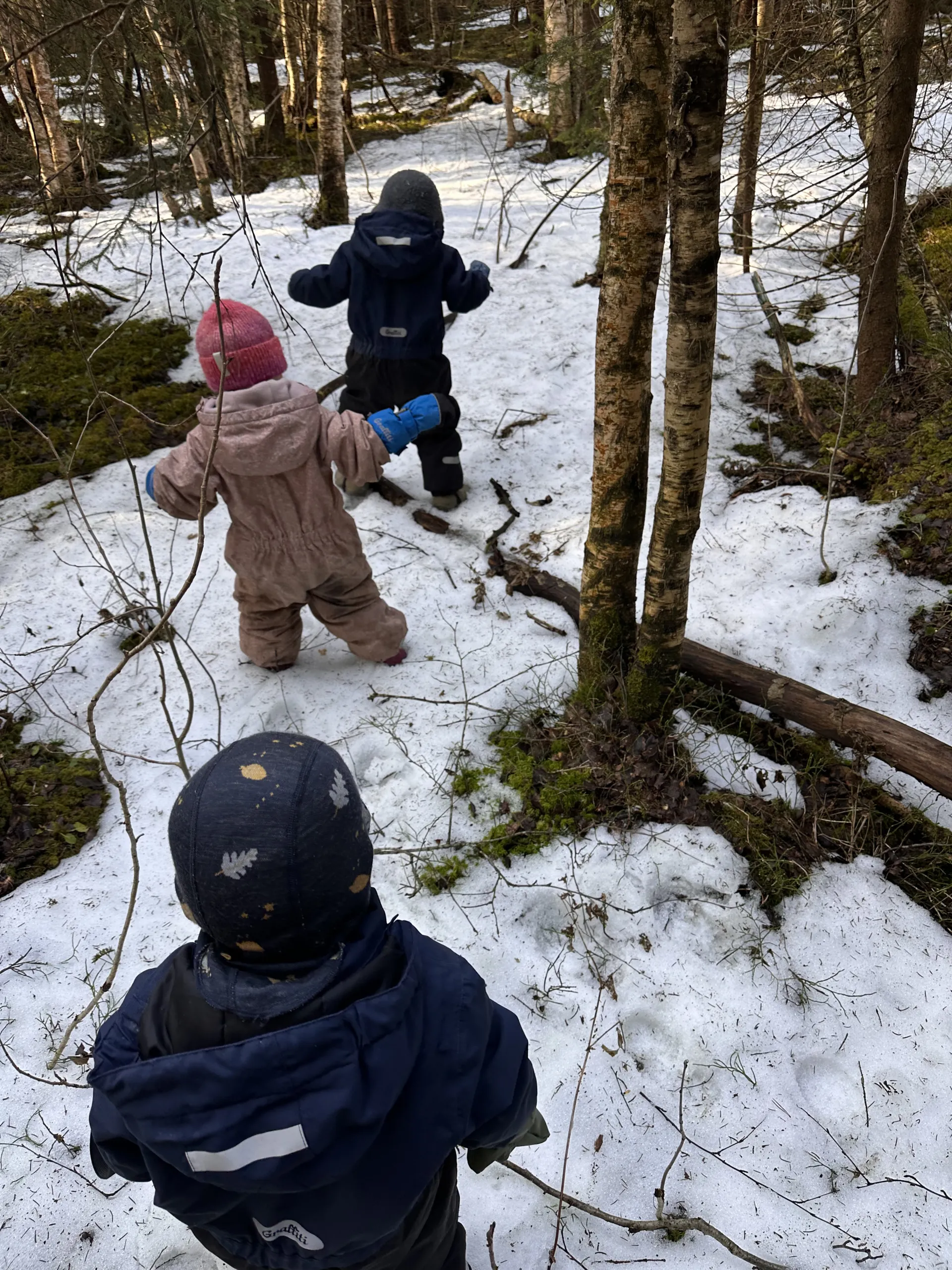 Barn på skogstur i snøen