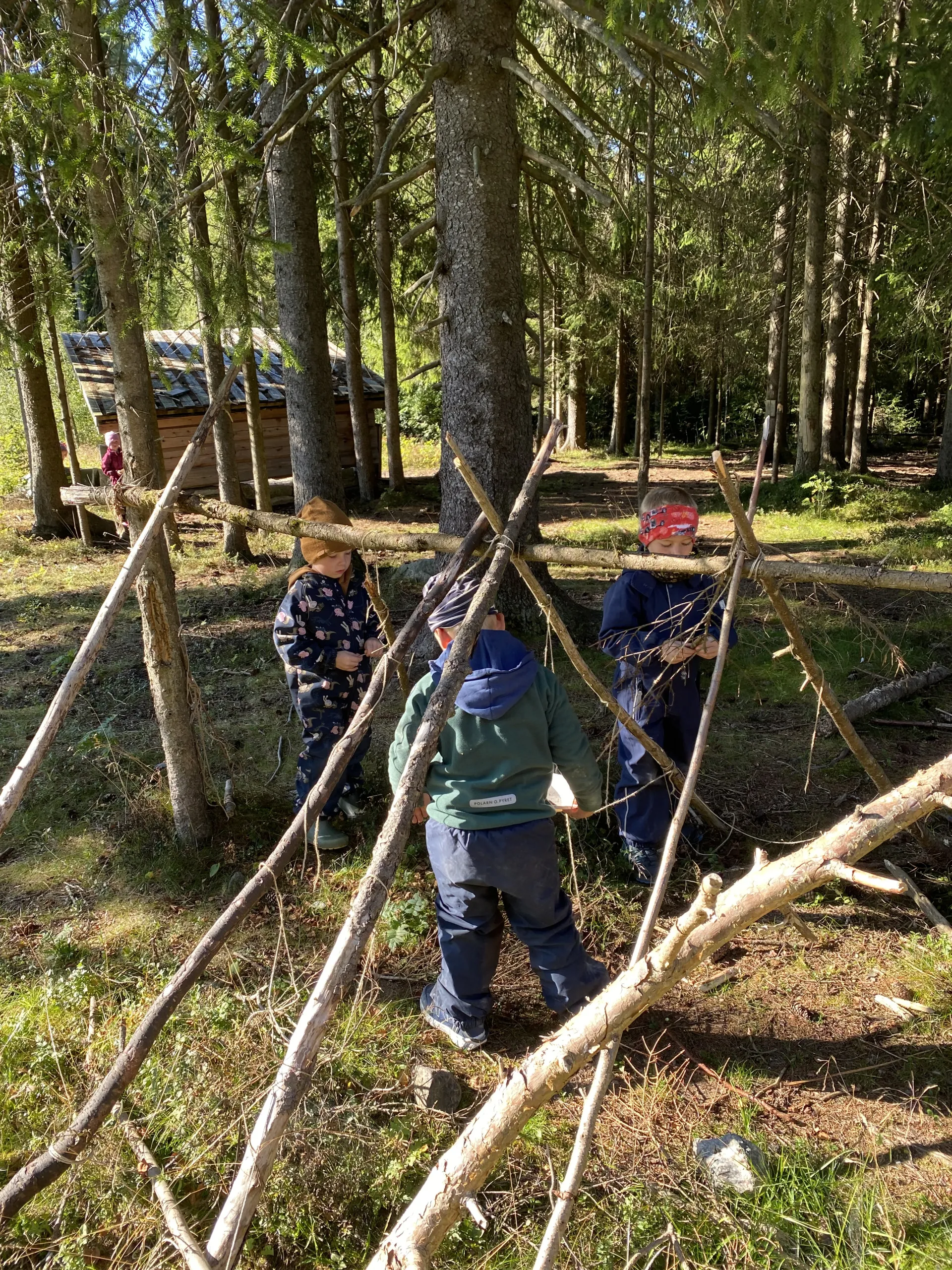 Barn bygger med stokker i skogen ved gapahuken